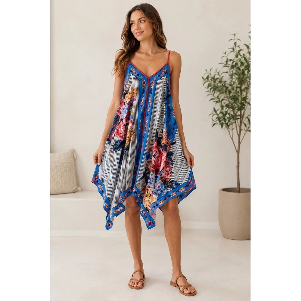 NWT Flying Tomato Floral Stripe Handkerchief Hem Midi Dress Blue Red Small